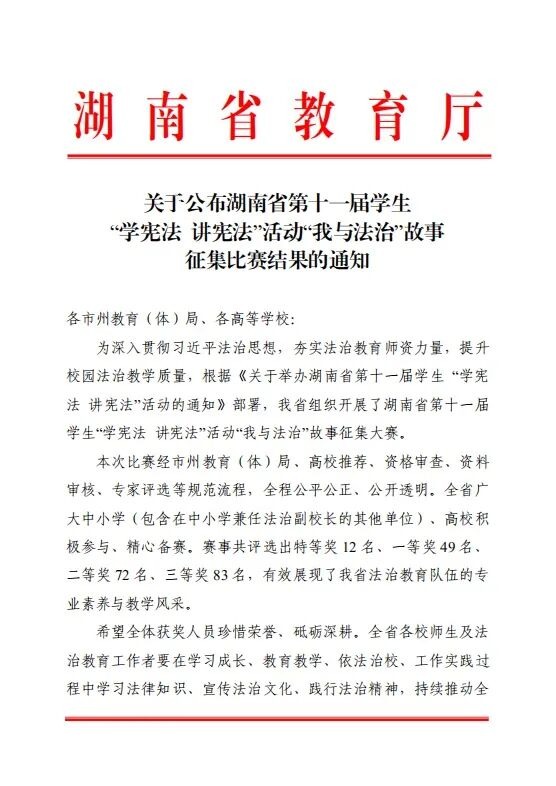 我校在湖南省第十一届学生“学宪法 讲宪法”活动“我与法治”故事征集比赛中喜获佳绩